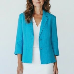 Talbots Irish Luxe Spring Blue Linen 3/4 Length Sleeve Jacket Size 8